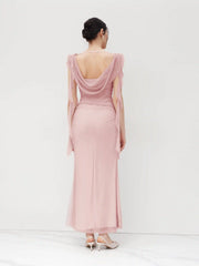 Cowl Neck Solid Ruffle Hem Ruched Maxi Dress