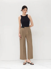 Petite Mid Rise Solid Belted Straight Leg Trousers