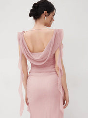 Cowl Neck Solid Ruffle Hem Ruched Maxi Dress