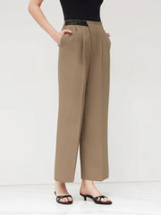 Petite Mid Rise Solid Belted Straight Leg Trousers