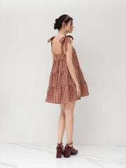 Cotton-blend Gingham Bowknot Tiered Ruffle Mini Dress
