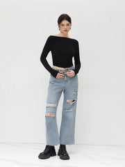 Petite High Waist Ripped Straight Leg Jeans