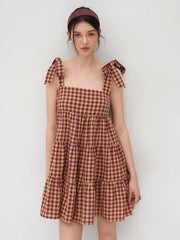 Cotton-blend Gingham Bowknot Tiered Ruffle Mini Dress