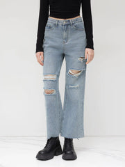 Petite High Waist Ripped Straight Leg Jeans