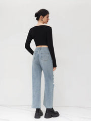 Petite High Waist Ripped Straight Leg Jeans