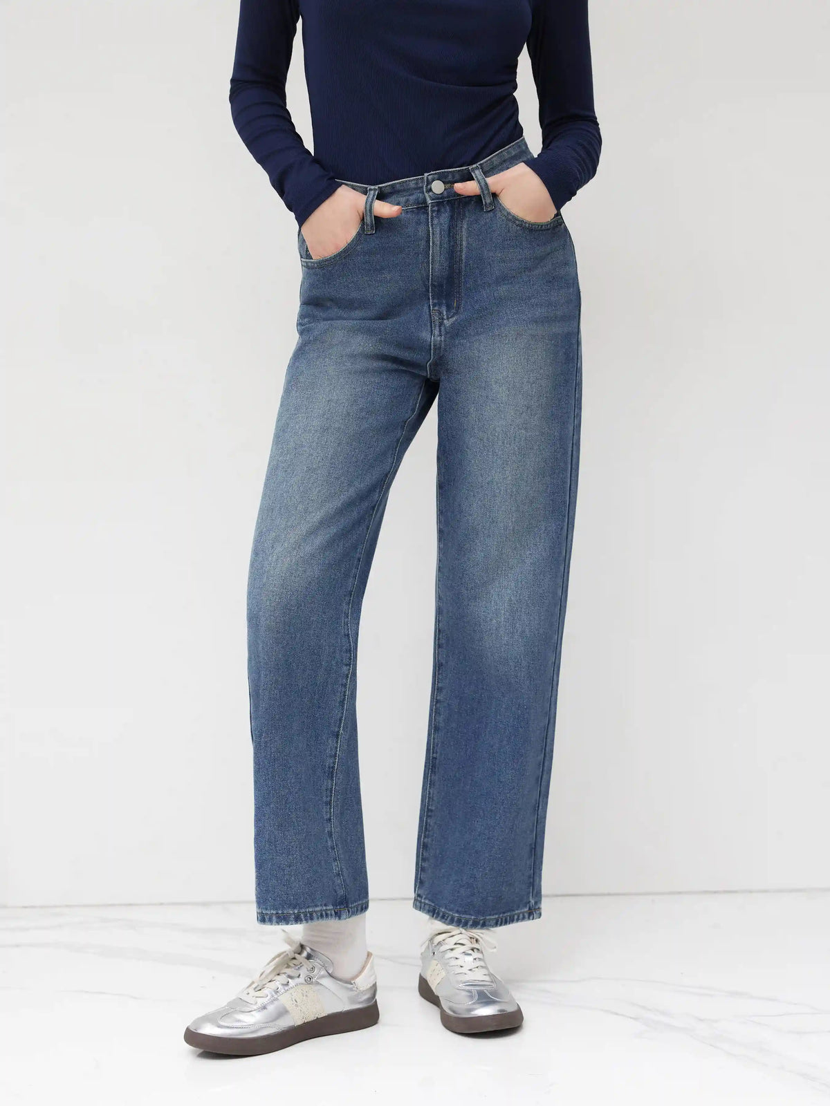 Petite Denim Solid Straight Leg Jeans