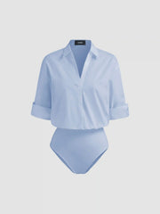 Cotton-blend Collar Roll-up Sleeve Shirt Bodysuit