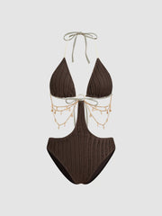 Shaping Lettuce Trim Cut Out Shell Chain O-Ring One Piece Swimsuit