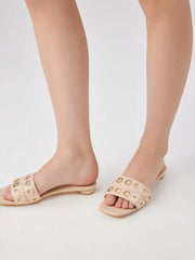 EYELET SQUARE TOE LOW HEEL FAUX LEATHER SLIPPERS