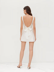 Linen-blend Boat Neck Solid Knotted Backless Mini Dress