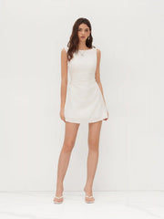 Linen-blend Boat Neck Solid Knotted Backless Mini Dress