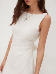 Linen-blend Boat Neck Solid Knotted Backless Mini Dress