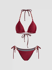 V-neck Beaded Halter Cheeky Bikini Set