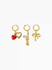 3PCS BOW & HEART & LOVE RHINESTONE 18K GOLD PLATED STAINLESS STEEL SHOE CHARM SET