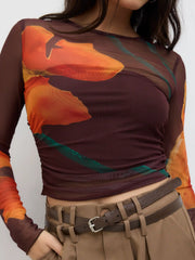 Mesh Round Neckline Floral Top With Solid Crop Tube Top