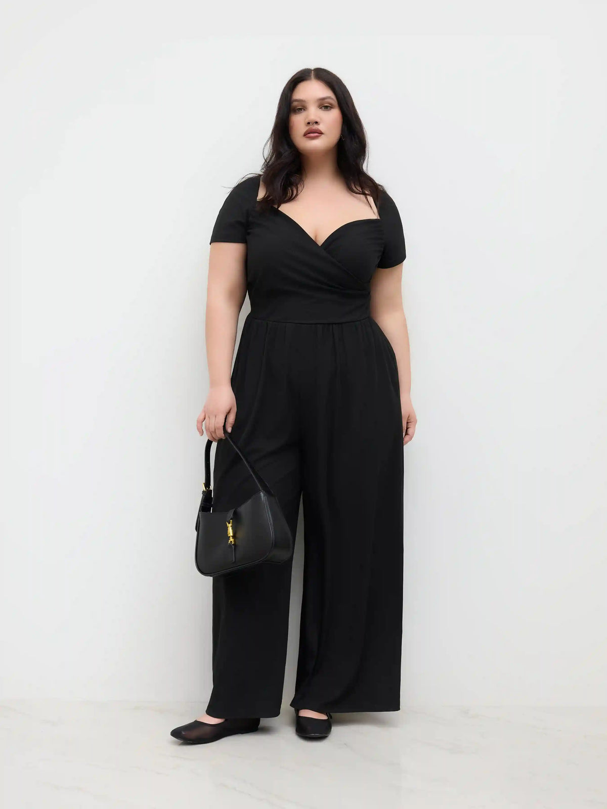 V-neck Ruched Straight Leg Jumpsuit Curve & Plus