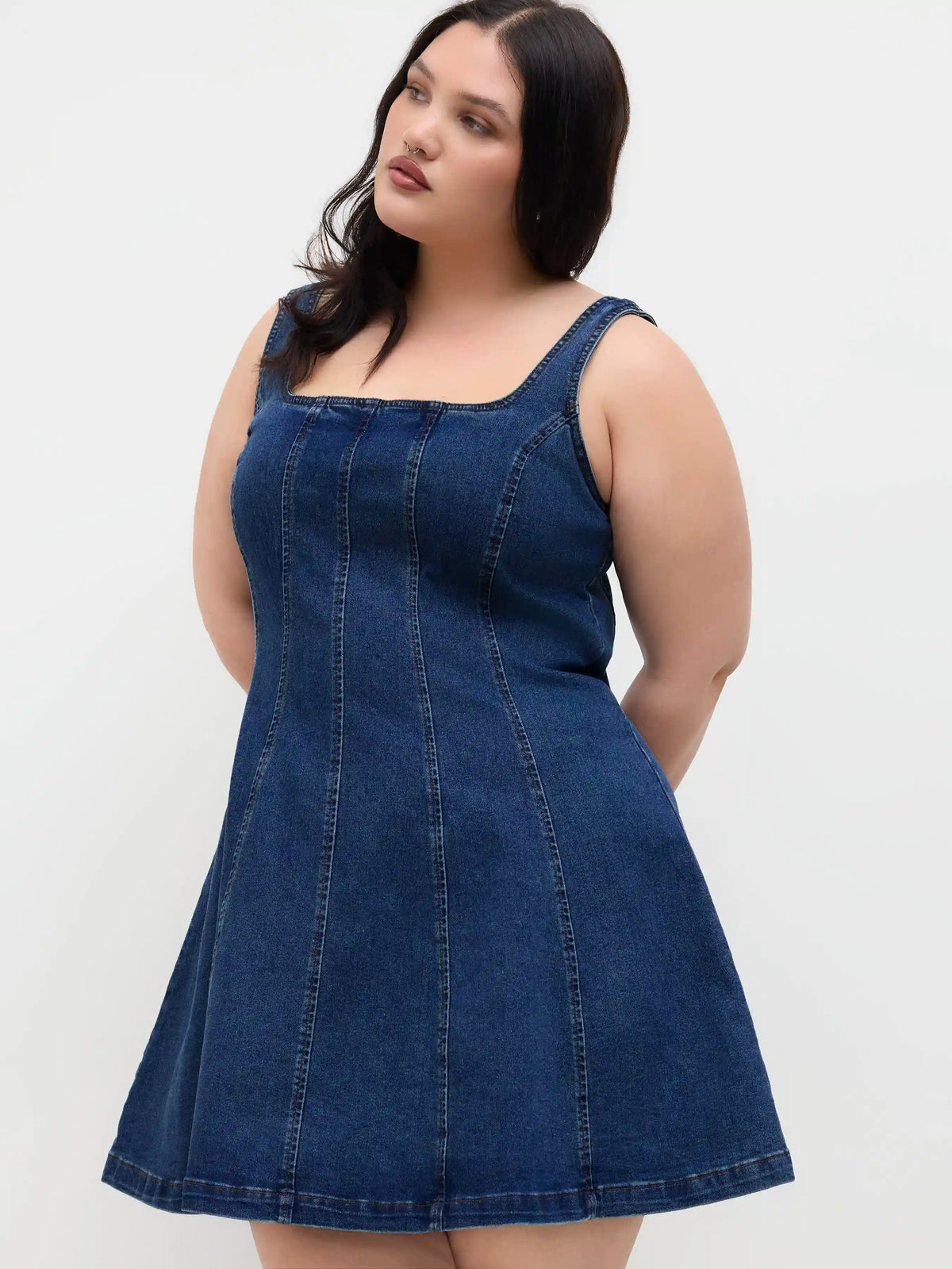 Stretch Denim Square Neck Zipper Dress Curve & Plus