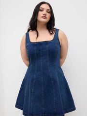Stretch Denim Square Neck Zipper Dress Curve & Plus