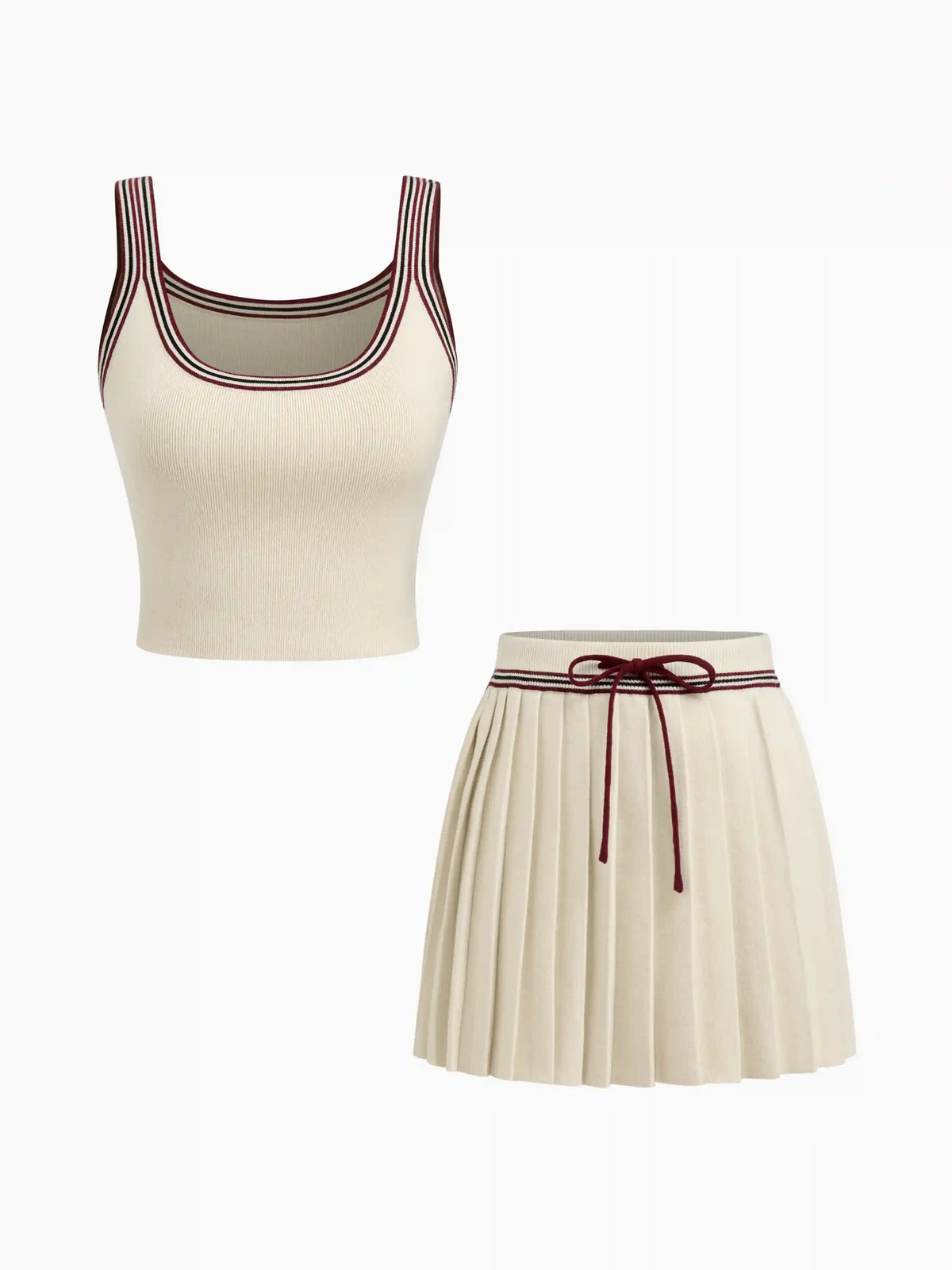 Knit U-neckline Stripe Tank Top & Mid Rise Pleated Mini Skirt Set