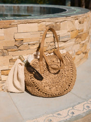 ROUND STRAW & FAUX LEATHER TOTE BAG