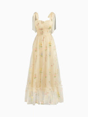 Mesh Square Neck Embroidery Floral Knotted Maxi Dress