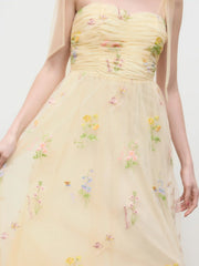 Mesh Square Neck Embroidery Floral Knotted Maxi Dress