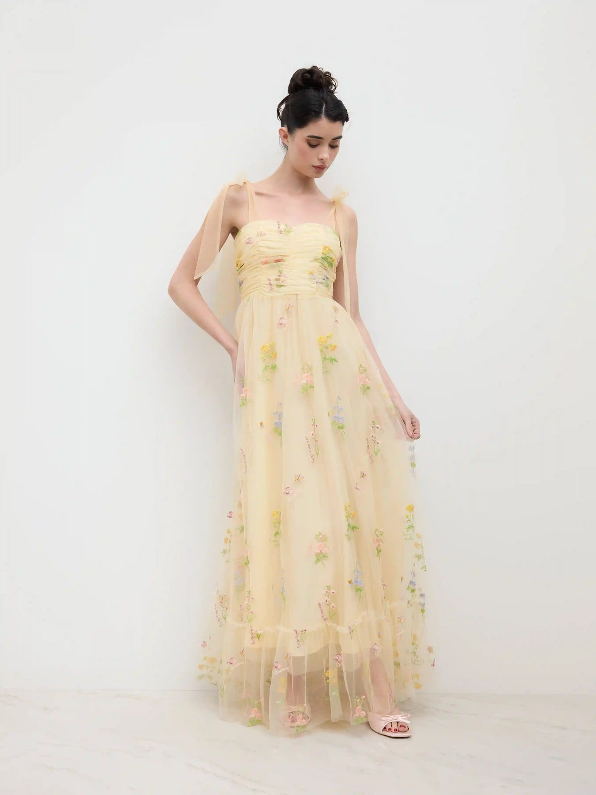 Mesh Square Neck Embroidery Floral Knotted Maxi Dress
