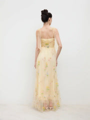 Mesh Square Neck Embroidery Floral Knotted Maxi Dress