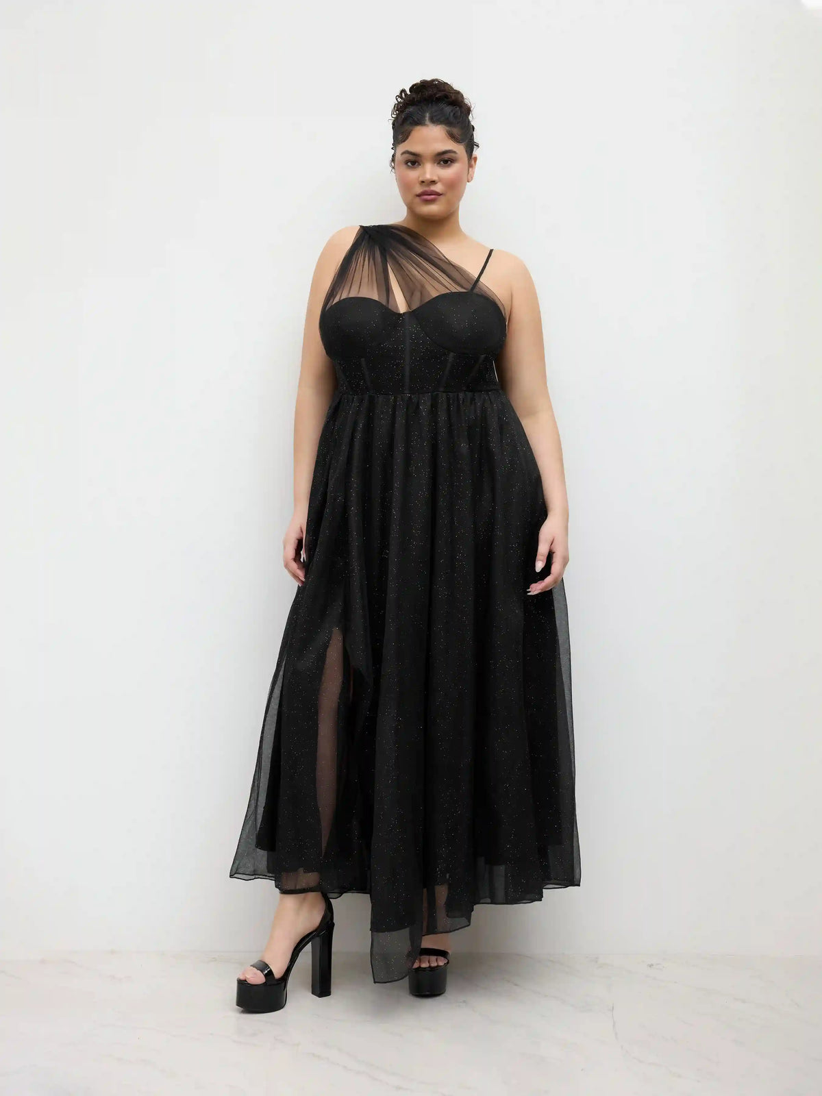 Mesh Asymmetrical Neck Glitter Corset Maxi Dress Curve & Plus