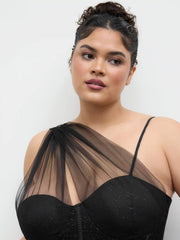 Mesh Asymmetrical Neck Glitter Corset Maxi Dress Curve & Plus