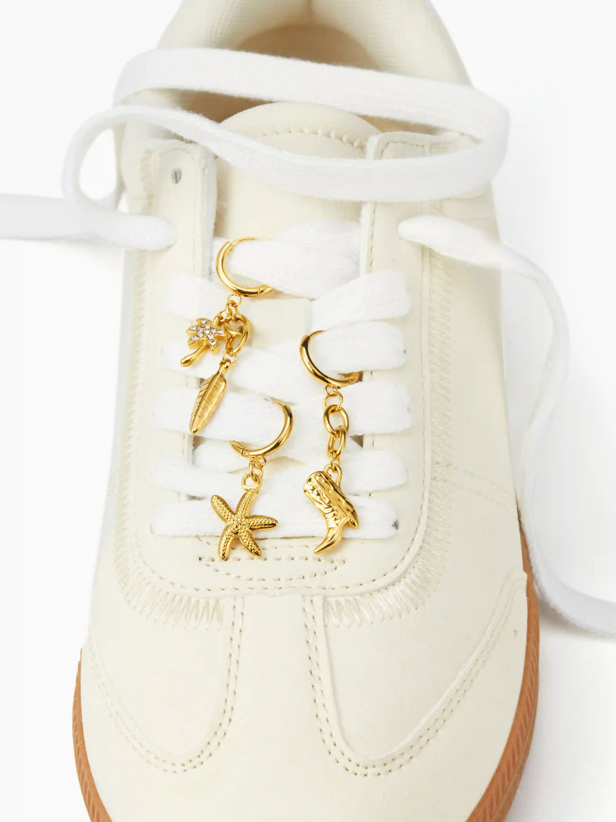 3PCS STARFISH & BOOTS & COCONUT TREE & FEATHER 18K GOLD PLATED STAINLESS STEEL SHOE CHARM SET