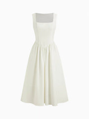 Linen-blend Square Neck Ruffle Midi Dress