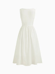 Linen-blend Square Neck Ruffle Midi Dress