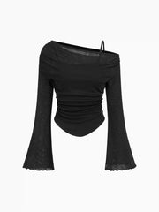 Asymmetrical Neck Ruched Lettuce Trim Tee
