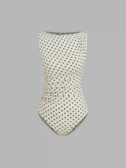 Boat Neck Polka Dot Ruched Bodysuit