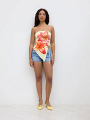 Floral Graphic Drawstring Asymmetrical Hem Bandeau Top