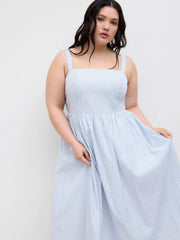 Cotton Square Neck Stripe Shirred Ruffle Midi Dress Curve & Plus