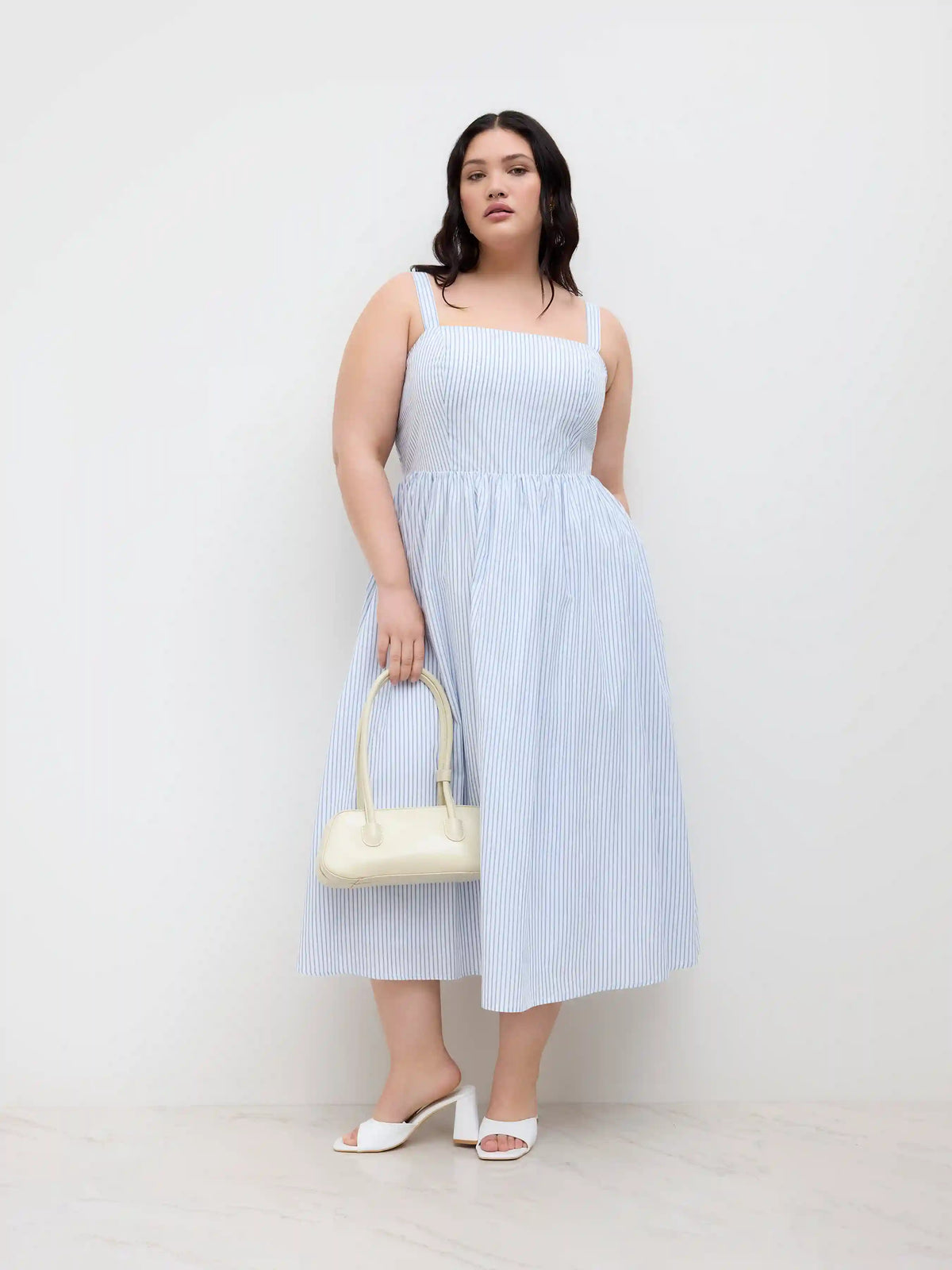 Cotton Square Neck Stripe Shirred Ruffle Midi Dress Curve & Plus