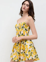 Cotton Sweetheart Neckline Lemon Lace Up Mini Dress