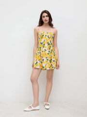Cotton Sweetheart Neckline Lemon Lace Up Mini Dress