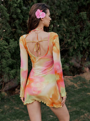Round Neckline Floral Gradient Knotted Lettuce Trim Cover Up Dress
