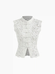 Lace Mandarin Collar Guipure Split Tank Top