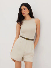 Round Neckline Pocket Romper With Belt