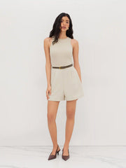Round Neckline Pocket Romper With Belt