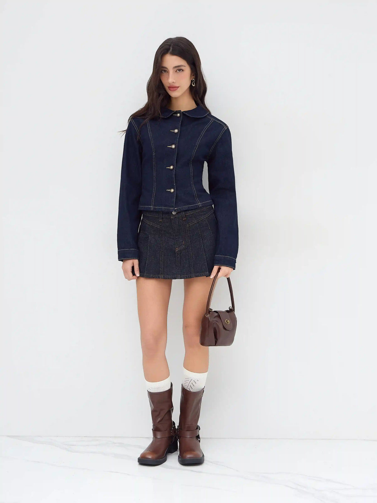 Denim Collar Cinched Waist Jacket