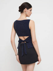 Boat Neck Rhinestone Knotted Tank Top