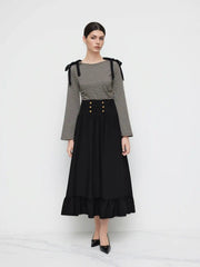Mid Rise Solid Button Lace Up Ruffle Maxi Skirt