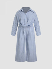 Cotton-blend Collar Striped Knotted Roll-up Sleeve Jumpsuit Curve & Plus