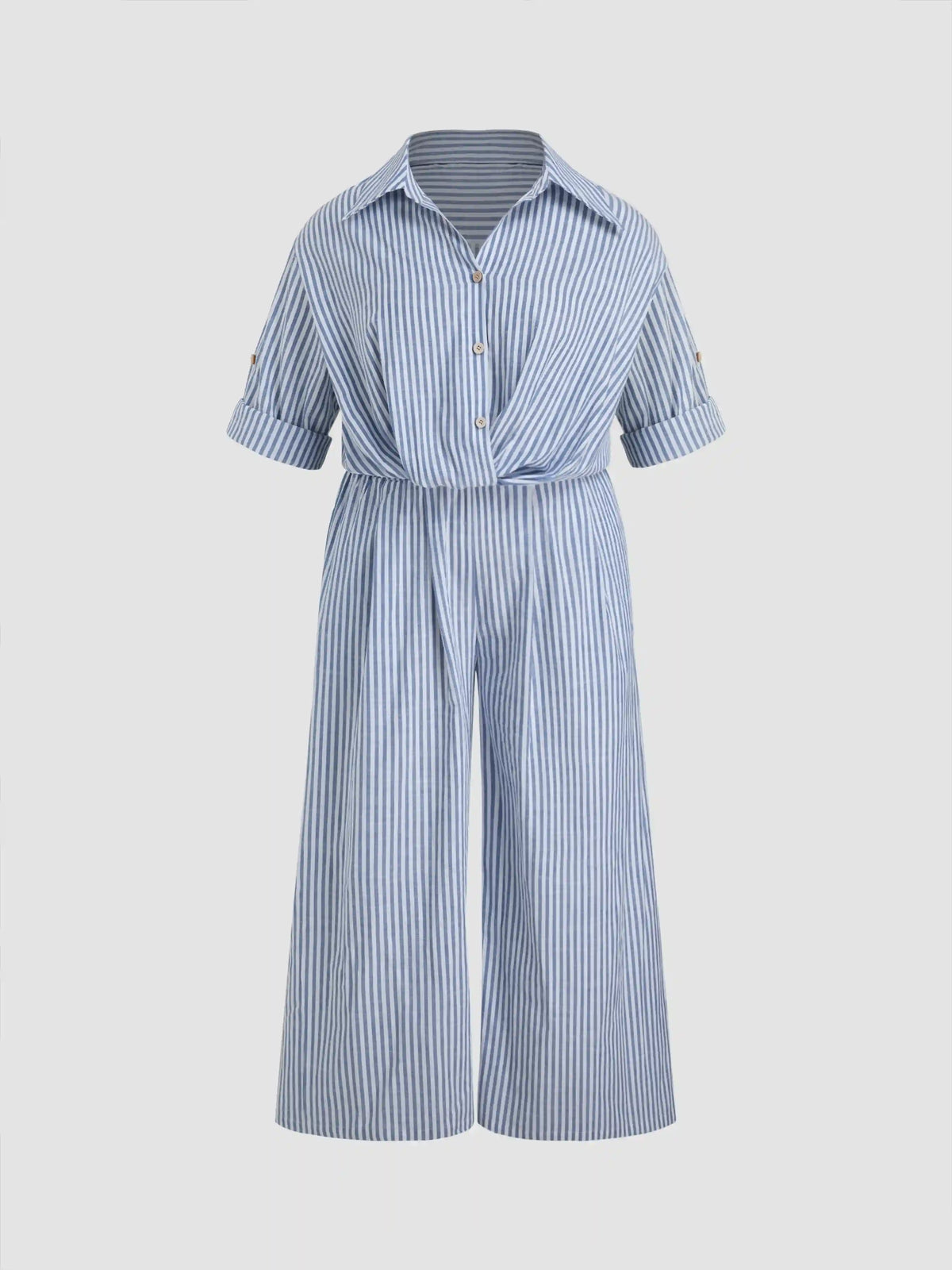 Cotton-blend Collar Striped Knotted Roll-up Sleeve Jumpsuit Curve & Plus