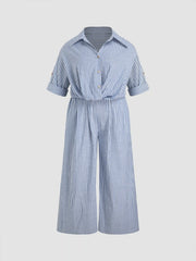Cotton-blend Collar Striped Knotted Roll-up Sleeve Jumpsuit Curve & Plus